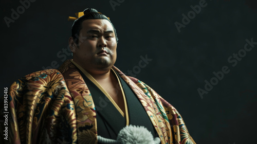 Portrait of a confident and imposing sumo wrestler wearing traditional attire, highlighted against a dark, minimalist background. photo