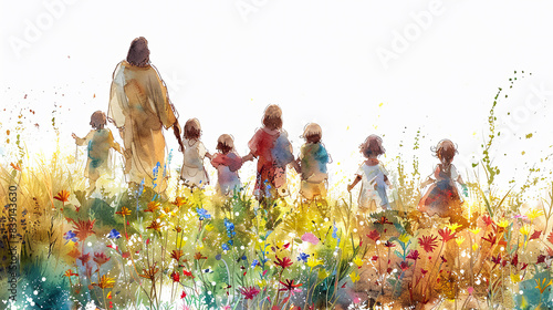 Digital watercolor painting of Jesus surrounded by children in a sunlit meadow, their laughter echoing through the air,wildflowers blooming at their feet, innocence and joy radiating from their faces