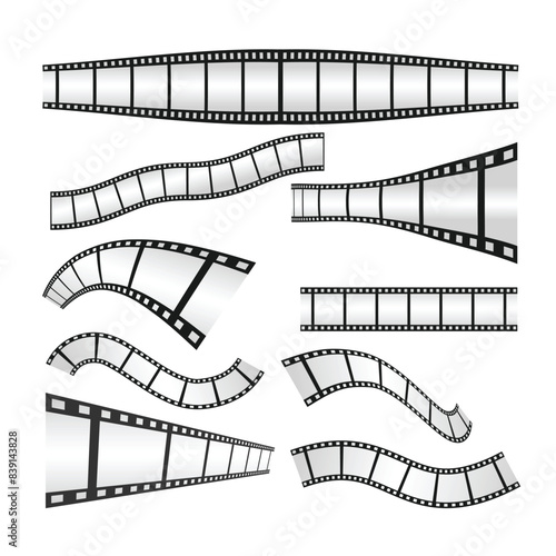 Set of film strips collection. Old retro cinema movie strip. Video recording, isolated on transparent background, tape photo film strip frame, Video Film strip roll, cinema or photograph camera.