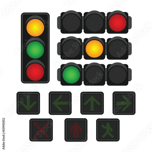Set of Street traffic light icon lamp collection. Traffic light direction regulate safety symbol. Transportation control warning, pedestrian crossing traffic light with directions and, flat vector.