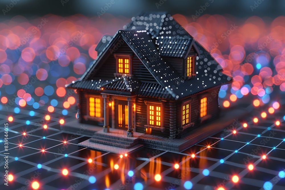 Futuristic Smart Home in a Digital Network Grid Concept Illustration for Modern Technology, Home Automation, and Connected Living Futuristic Smart Home in a Digital Network Grid Concept Illustration for Modern Technology, Home Automation, and Connected Living