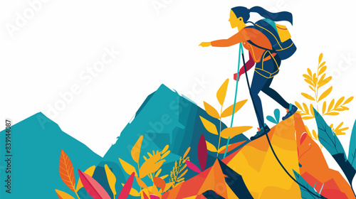 female hiker, reaching summit, conquers tall mountain peak. Athletic woman mountaineer backpack using trekking poles among colorful foliage. Strong climber nature illustration, mountain climbing