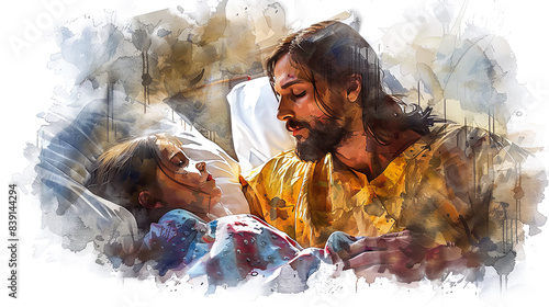 Digital watercolor painting of Jesus Watercolor painting, Jesus comforting a sick child in a hospital room, modern medical equipment around, warm and hopeful atmosphere, Watercolor painting