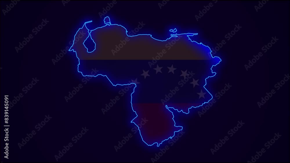 Venezuela Map Outline Country Border on dark blue. Neon Lights colorful animation transition. Flag of Venezuela. Animation in neon style. 4k Resolution. Venezuela Map Outline Country Border on dark blue. Neon Lights colorful animation transition. Flag of Venezuela. Animation in neon style. 4k Resolution.
