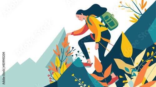 Woman hiking mountain, adventure traveler backpack climbing, autumn foliage nature. Female trekker outdoor activity, exploring trail, colorful leaves, recreational pursuit. Flat design adventure