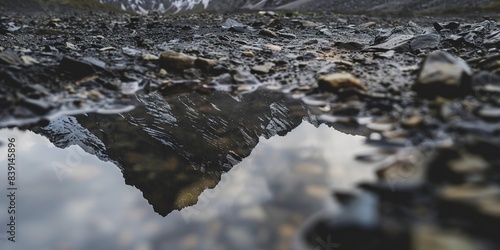 Close view of mountain reflection in a rain puddle, detailed textures of wet rocks and soil, overcast day. 
