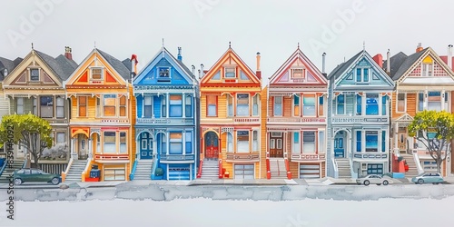 A row of colorful houses ,watercolor painting, colorful house, minimalist, white background photo