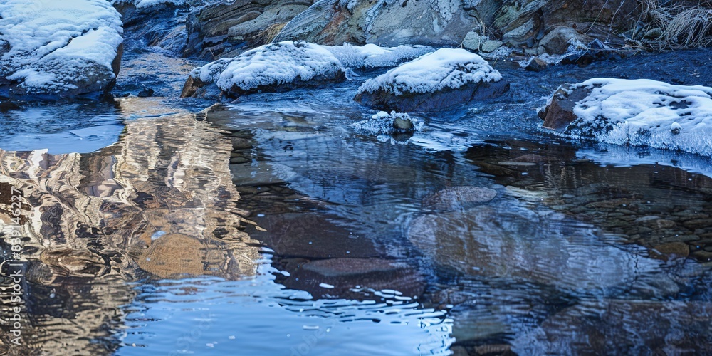 Frosty mountain reflected in a stream, close-up on icy edges and cold water, crisp winter morning light. Frosty mountain reflected in a stream, close-up on icy edges and cold water, crisp winter morning light.