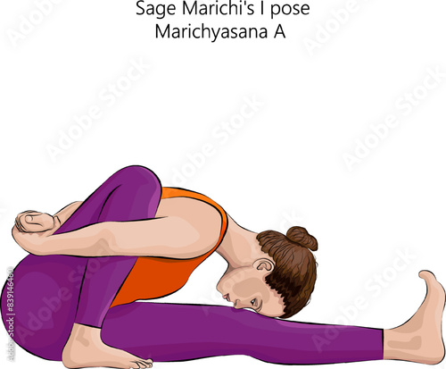 Young woman practicing Marichyasana A yoga pose. Sage Marichi I pose. Intermediate Difficulty. Isolated vector illustration.
