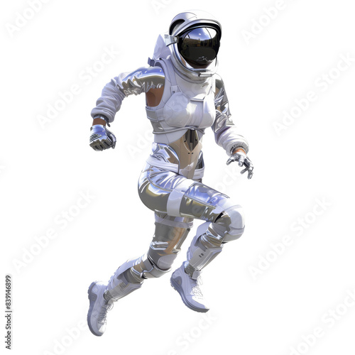 Female astronaut jogging in space gear , futuristic fashion ,isolated on white background, , PNG die-cut, clipart