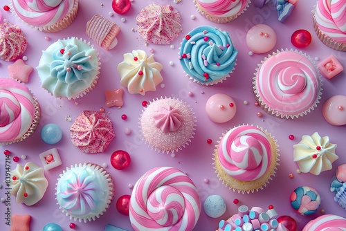 Abstract shapes of cute sweets like cupcakes, lollipops, and candies on a pastel background photo