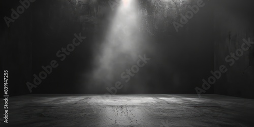Clean, empty stage with a single, focused spotlight beam on a neutral background, perfect for copy space. 