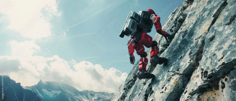 A red robotic astronaut boldly scales a rugged cliff under a clear blue sky. A red robotic astronaut boldly scales a rugged cliff under a clear blue sky.