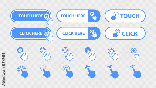 Clickable Web Buttons with Cursor Pointer Icon. Web Site Button Set Collection. Call for Action Click and Touch Button. Vector Illustration.