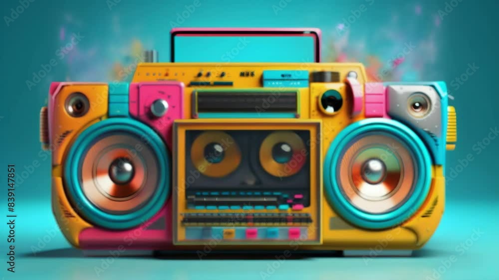 Colorful retro boombox with vibrant design and animated speakers, ideal for vintage music lovers Colorful retro boombox with vibrant design and animated speakers, ideal for vintage music lovers