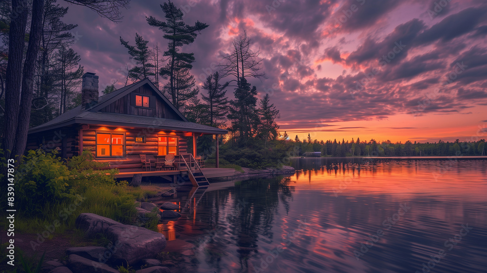 Fototapeta premium A cabin is on a lake with a beautiful sunset in the background. The cabin is surrounded by trees and the water is calm. The scene is peaceful and serene
