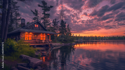 A cabin is on a lake with a beautiful sunset in the background. The cabin is surrounded by trees and the water is calm. The scene is peaceful and serene