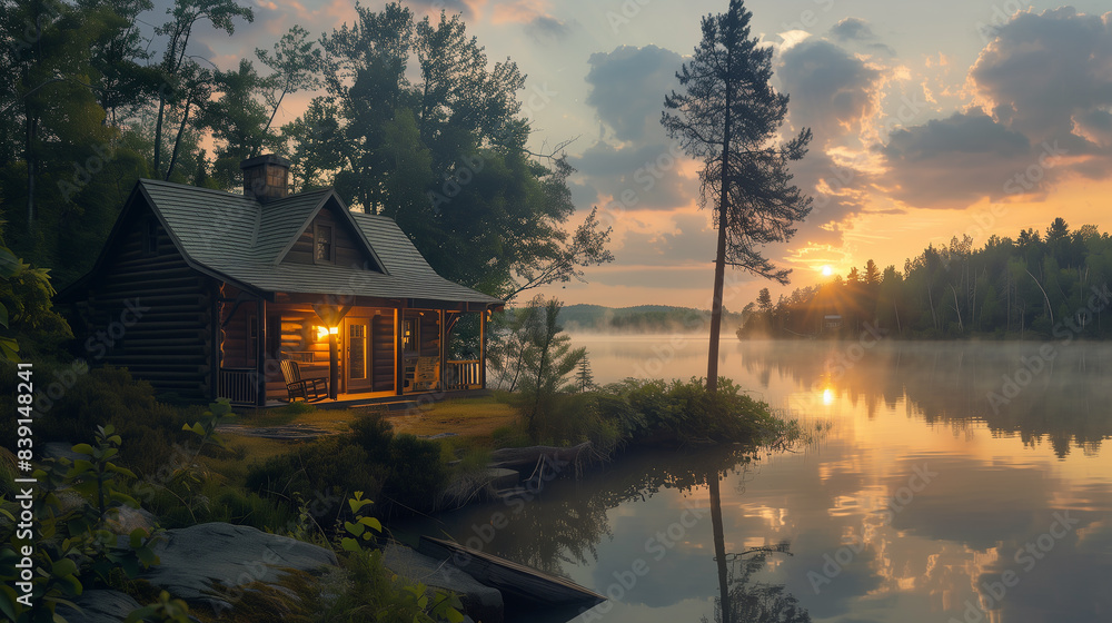 Fototapeta premium A cabin is on a lake with a beautiful sunset in the background. The cabin is surrounded by trees and the water is calm. The scene is peaceful and serene
