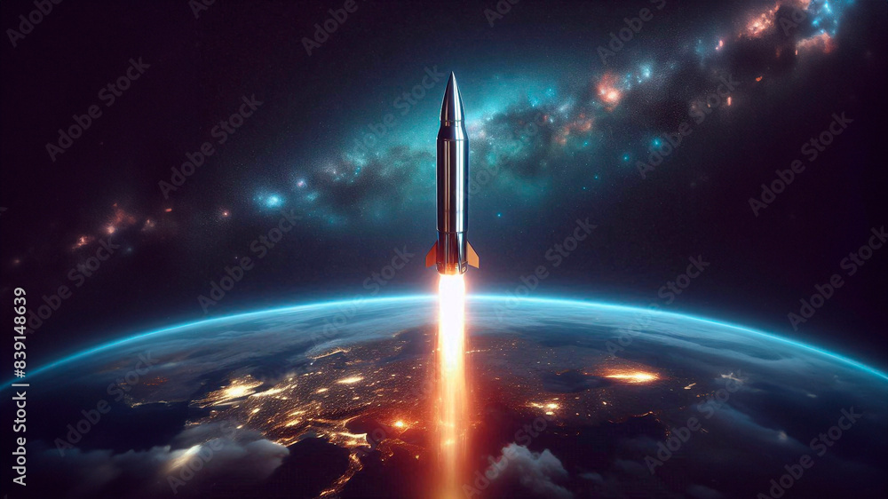 Missile with fire trail isolated on sky background