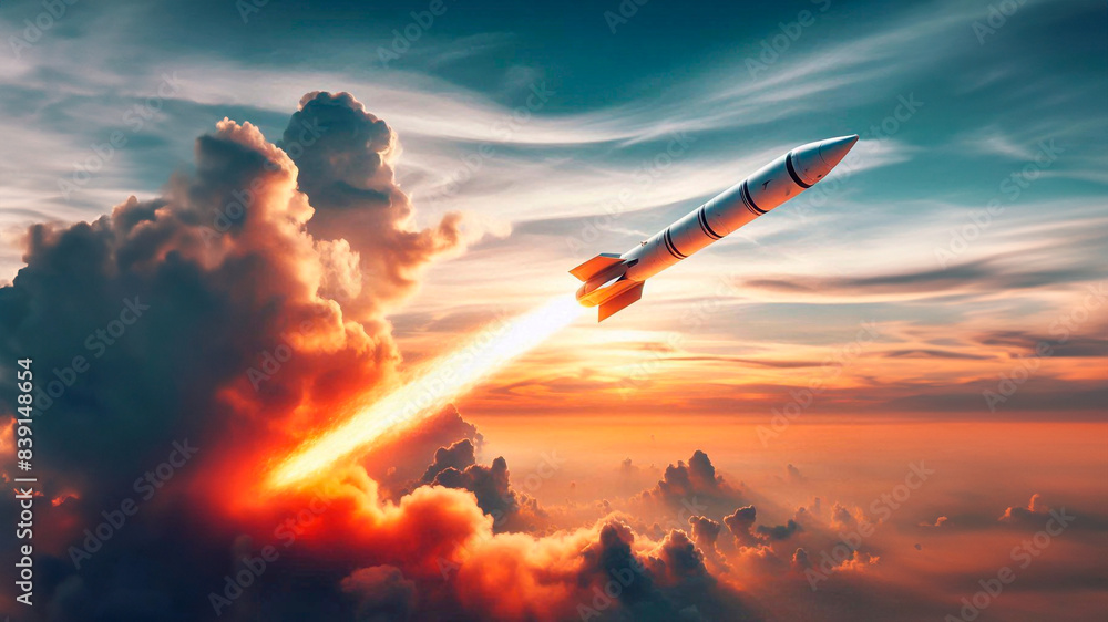 Missile with fire trail isolated on sky background Missile with fire trail isolated on sky background