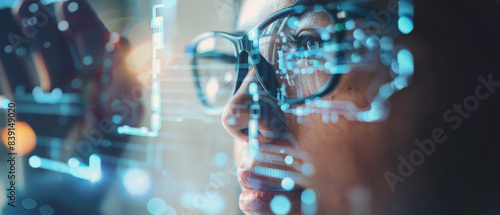 Futuristic vision - reflections of data in a woman’s digital eyewear.