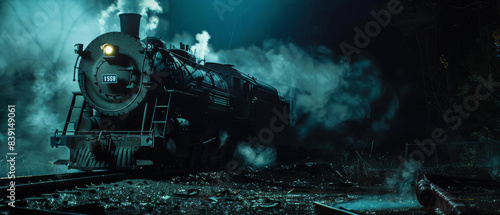 A vintage steam locomotive emerges from darkness, cloaked in nocturnal mist. photo