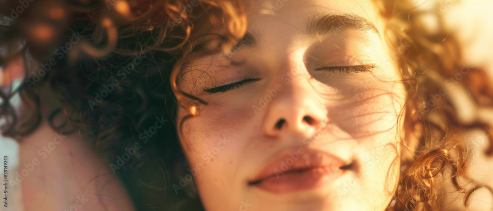 Gentle sunlight caresses the face of a woman with her eyes closed, lost in serenity. Gentle sunlight caresses the face of a woman with her eyes closed, lost in serenity.