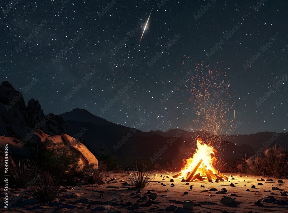 A campfire in the middle of an open desert under starry sky A campfire in the middle of an open desert under starry sky