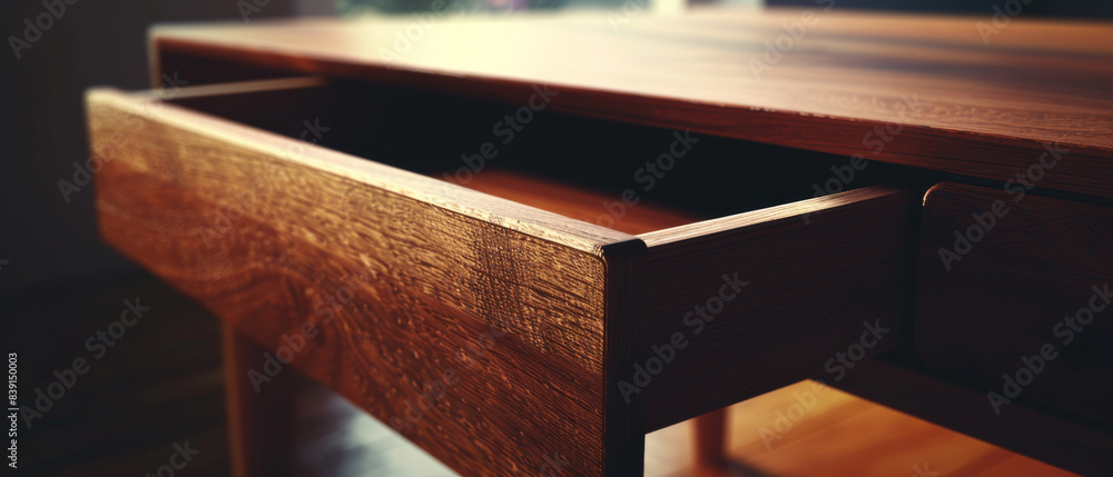 Elegant wooden drawer slightly ajar in soft light. Elegant wooden drawer slightly ajar in soft light.