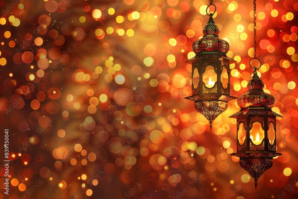 Muslim Islamic blurred postcard, greeting card, banner with Arabic lanterns, copy space Muslim Islamic blurred postcard, greeting card, banner with Arabic lanterns, copy space
