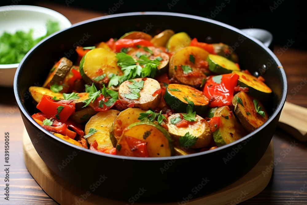 Colorful mixed vegetables cooked in a black non-stick pan, perfect for healthy recipes Colorful mixed vegetables cooked in a black non-stick pan, perfect for healthy recipes