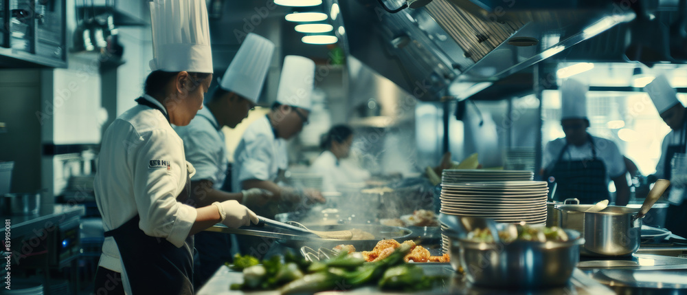 Busy chefs in action in a professional kitchen, showcasing culinary expertise. Busy chefs in action in a professional kitchen, showcasing culinary expertise.