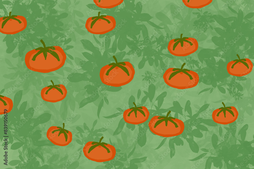 Seamless tomato pattern on a green leafy background, illustration Seamless tomato pattern on a green leafy background, illustration