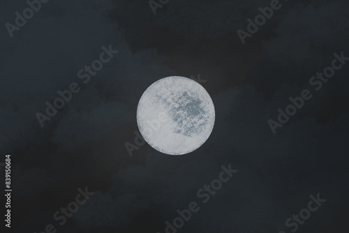 Full moon visible against a dark, moody sky, illustration photo