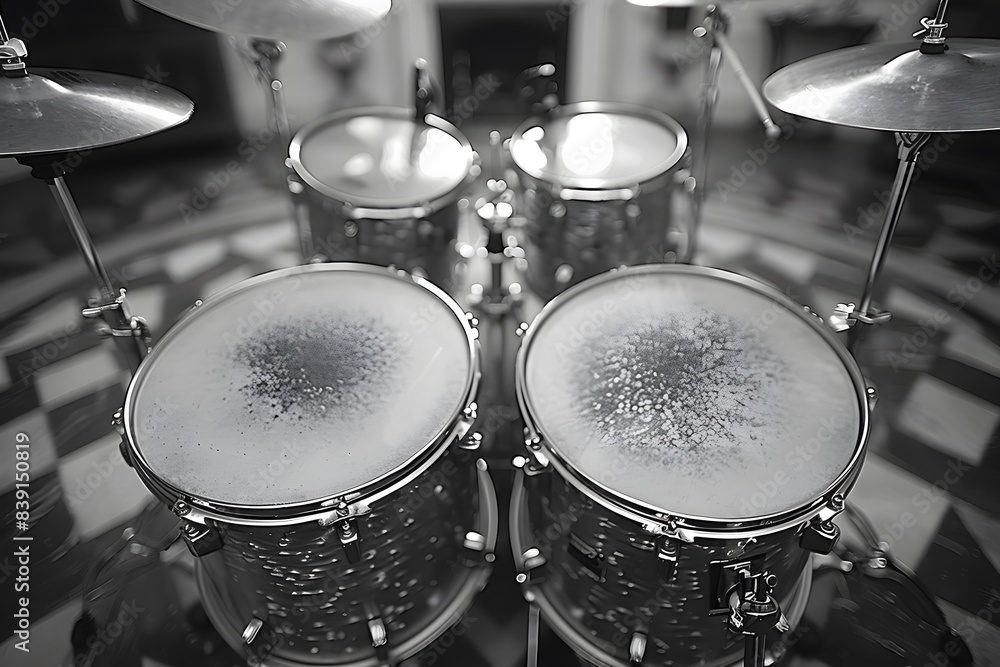 Obraz premium Monochrome Close-Up of Drum Set in Recording Studio - Music Concept for Posters and Print Design