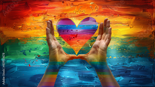 A hand holding a rainbow heart in front of a colorful background