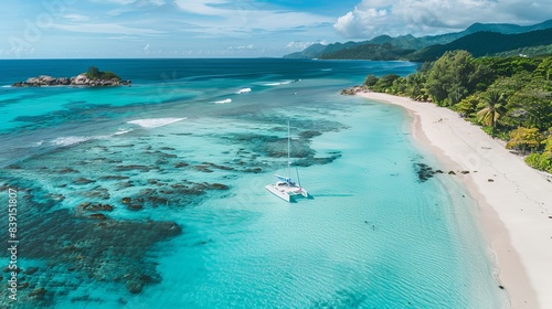 Fototapeta Naklejka Na Ścianę i Meble -  Aerial View: Grand Anse Beach, La Digue, Seychelles - White Sandy Shoreline, Azure Lagoon, Moored Catamaran Yacht