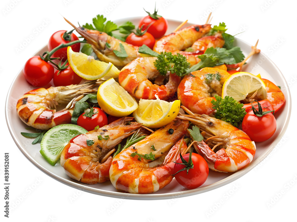 Grilled shrimps with lemon and vegetables on a plate. Fried prawns with salad Grilled shrimps with lemon and vegetables on a plate. Fried prawns with salad