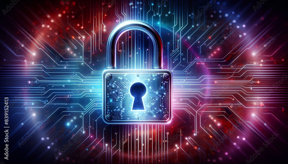 A padlock with a keyhole is positioned on a digital circuit board background, surrounded by colorful lights. The image represents the concept of data security and online protection in a technological A padlock with a keyhole is positioned on a digital circuit board background, surrounded by colorful lights. The image represents the concept of data security and online protection in a technological