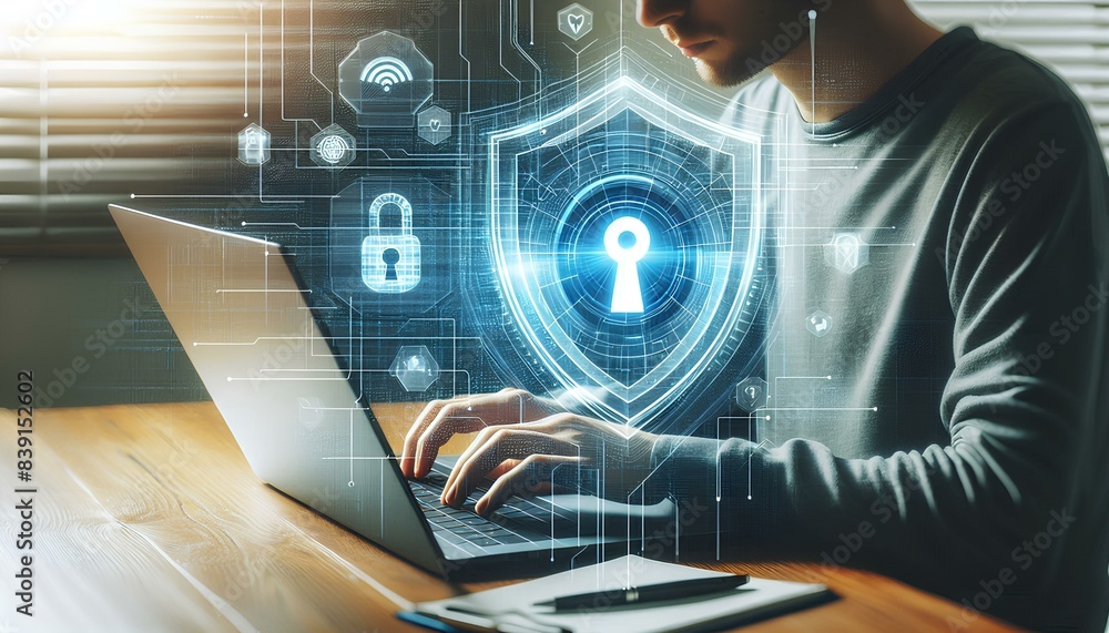 Naklejka premium man working on a laptop with a digital shield and padlock above it. The scene highlights the importance of online security and data protection in a personal setting.