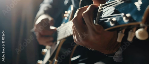 Close-up on a guitar in action, strings vibrating with soulful sound. photo