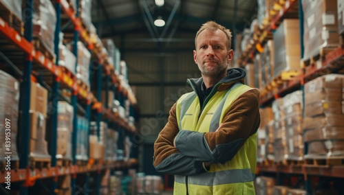 A portrait of an attractive man in his late thirties, wearing work and safety vest with crossed arms standing inside the warehouse . stacked shelves filled to ceiling height with boxes of goods.
