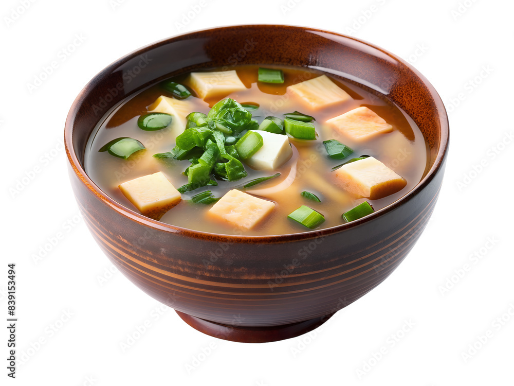 Japanese miso soup in a ceramic bowl isolated on white background Japanese miso soup in a ceramic bowl isolated on white background
