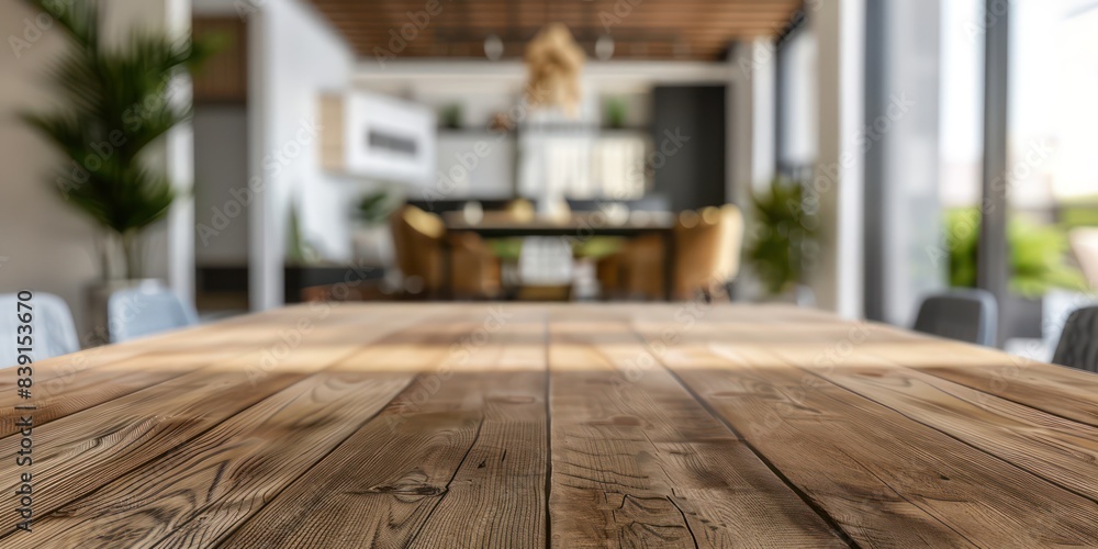 An empty wooden dining table with a blurred white interior background, perfect for showcasing table settings, centerpieces, or food photography. An empty wooden dining table with a blurred white interior background, perfect for showcasing table settings, centerpieces, or food photography.