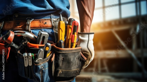 Close-up of a construction worker with a bag and tools kit worn on the waist. A maintenance worker with tools in a tools belt and artisan equipment. photo