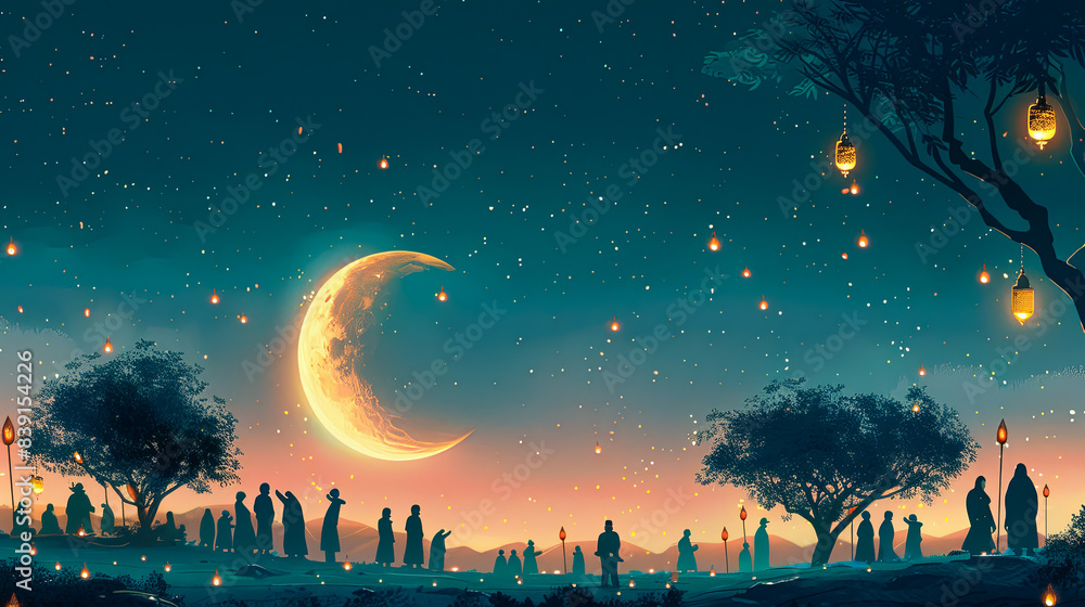 Illustrate a scene of community members coming together to pray and celebrate Eid outdoors, with the moon casting a gentle radiance over the gathering. Illustrate a scene of community members coming together to pray and celebrate Eid outdoors, with the moon casting a gentle radiance over the gathering.