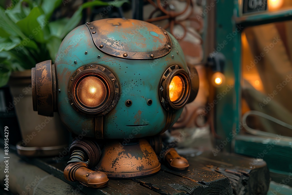 Close-up of a steampunk robot figurine with glowing eyes. Close-up of a steampunk robot figurine with glowing eyes.