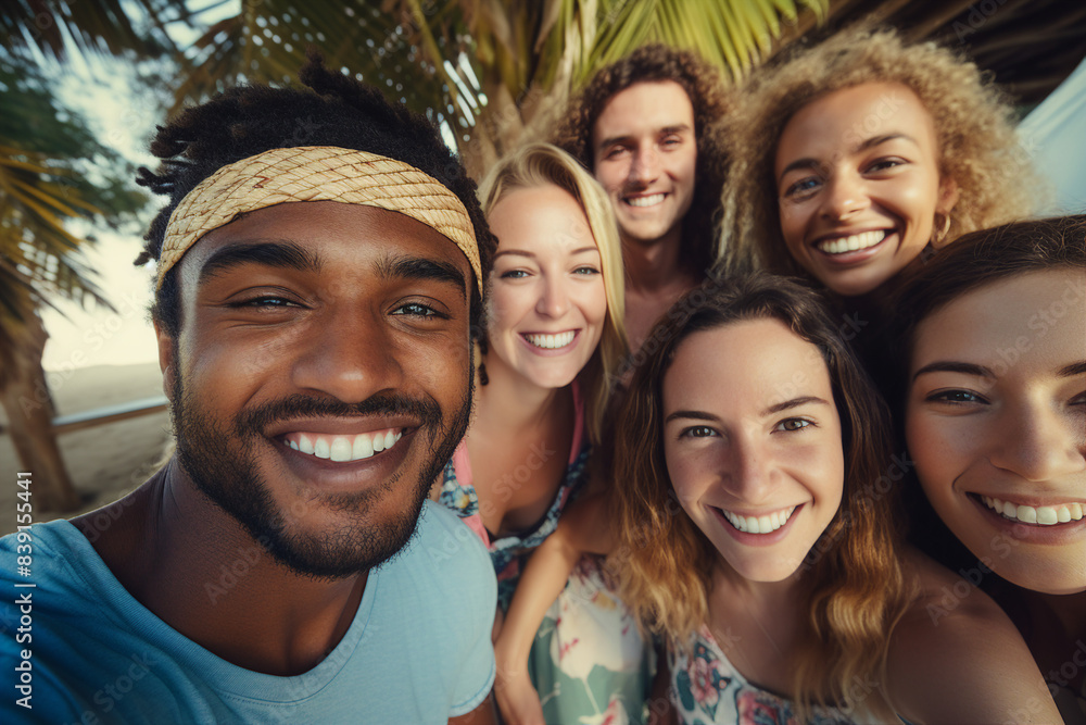Generative AI picture of young tourists friends spending vacation together in beautiful carefree time Generative AI picture of young tourists friends spending vacation together in beautiful carefree time