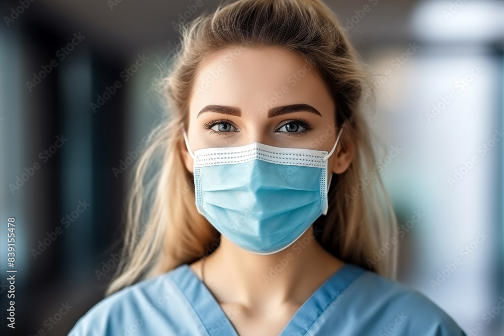 A close-up of a woman with blonde hair wearing a surgical mask
