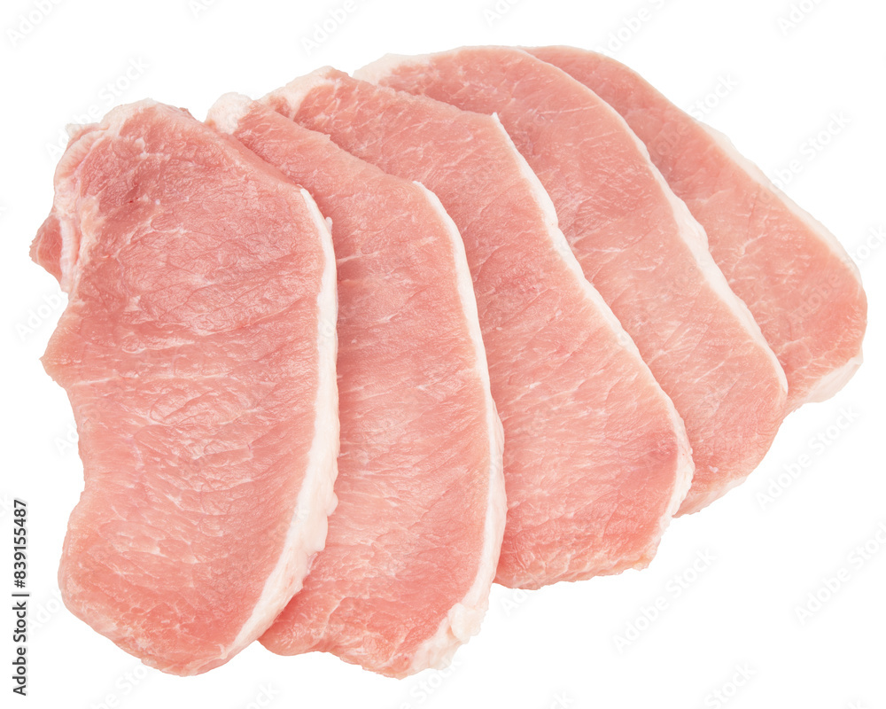 Raw pork pieces isolated on a white background. Top view. Raw pork pieces isolated on a white background. Top view.